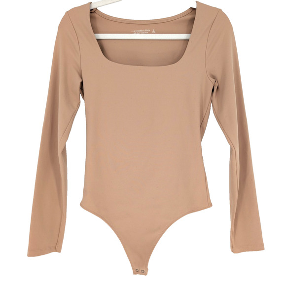 Abercrombie & Fitch Soft AF Tan Square Neck Long Sleeve Bodysuit SML Balletcore - Picture 1 of 7